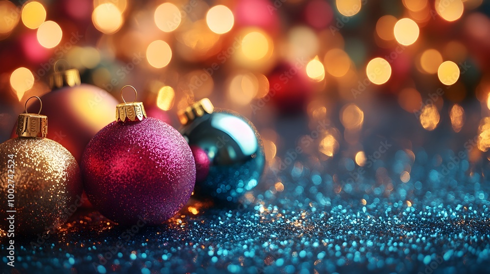 Fototapeta premium Vibrant and Joyful Christmas Party Backdrop with Colorful Ornaments Twinkling Holiday Lights and Shimmering Glitter creating a Festive Setting