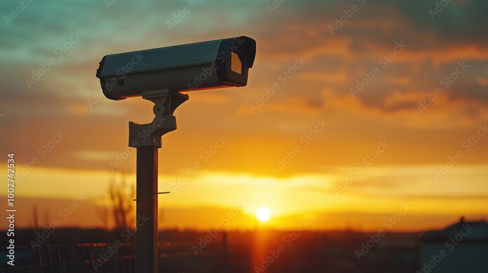 Security camera silhouetted against a sunset sky. Security camera silhouetted against a sunset sky.