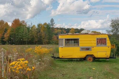 Vintage Yellow Camper Transformed into a Trendy Outdoor Space for Summer Adventures