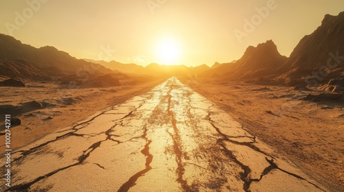 A cracked and broken road through an arid desert, ultra detailed photo