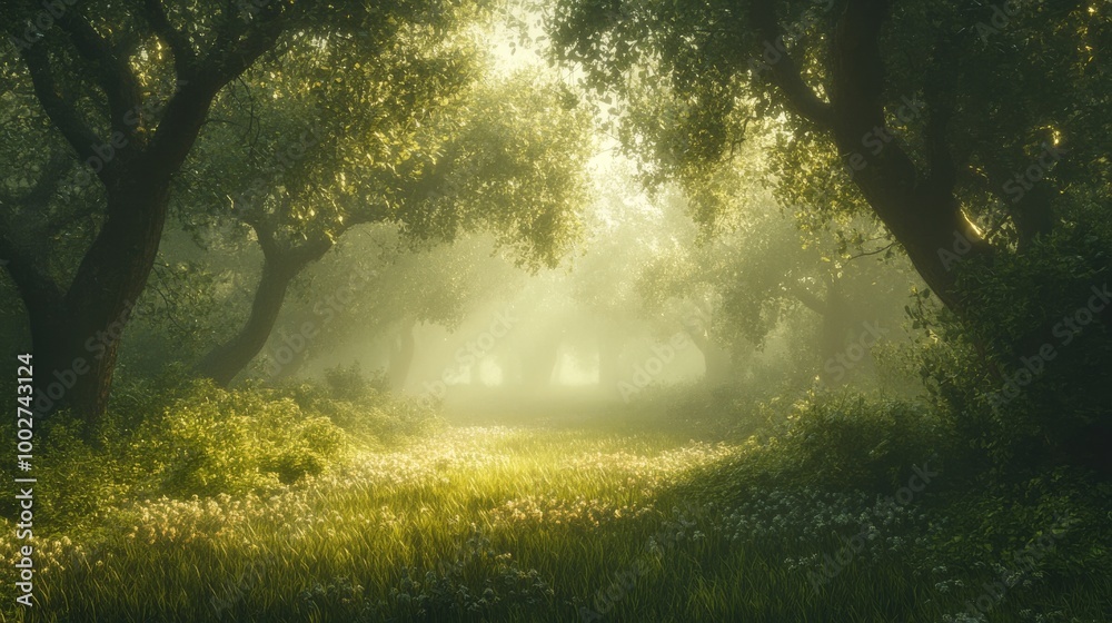 A dense, misty forest at dawn A dense, misty forest at dawn