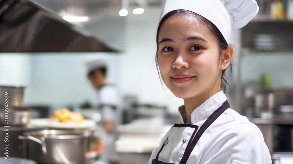 A young female chef in a white uniform and hat smiles in a kitchen, ready to cook. A young female chef in a white uniform and hat smiles in a kitchen, ready to cook.