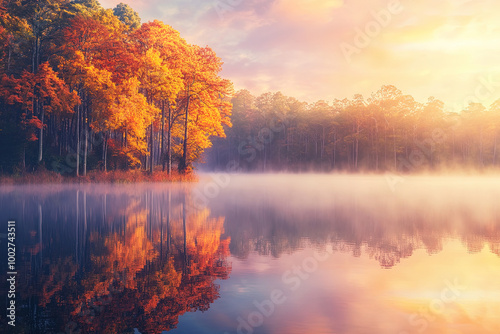 Bunte Bäume im Herbst spiegeln sich im ruhigen See
