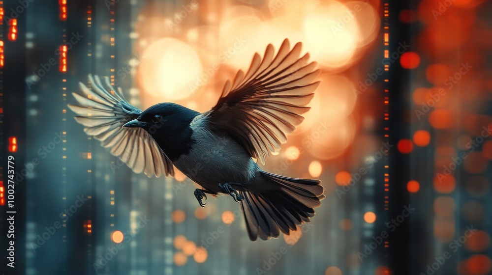 Fototapeta premium A small bird with black, white, and grey plumage flies with its wings spread wide, with an orange and blue bokeh background.