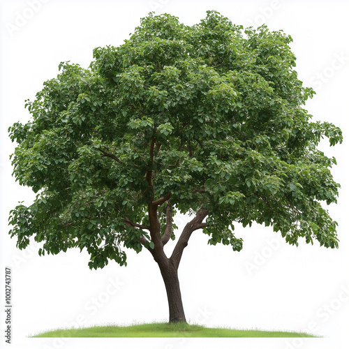 Lush English walnut tree isolated on a white background, vibrant natural foliage.