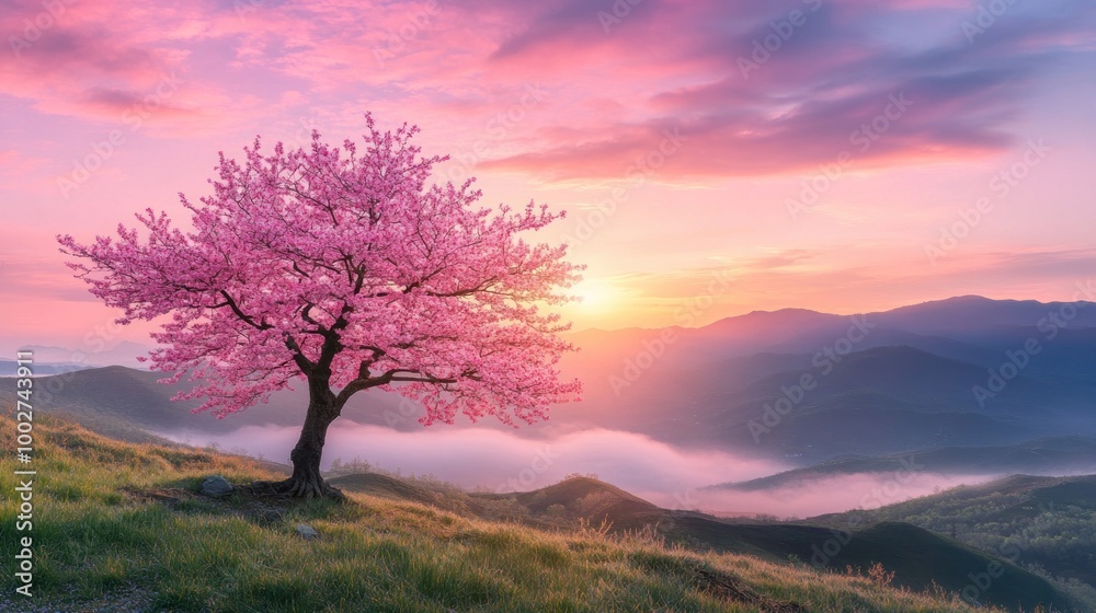 Obraz premium A lone cherry blossom tree in full bloom stands on a hillside overlooking a misty valley at sunrise.