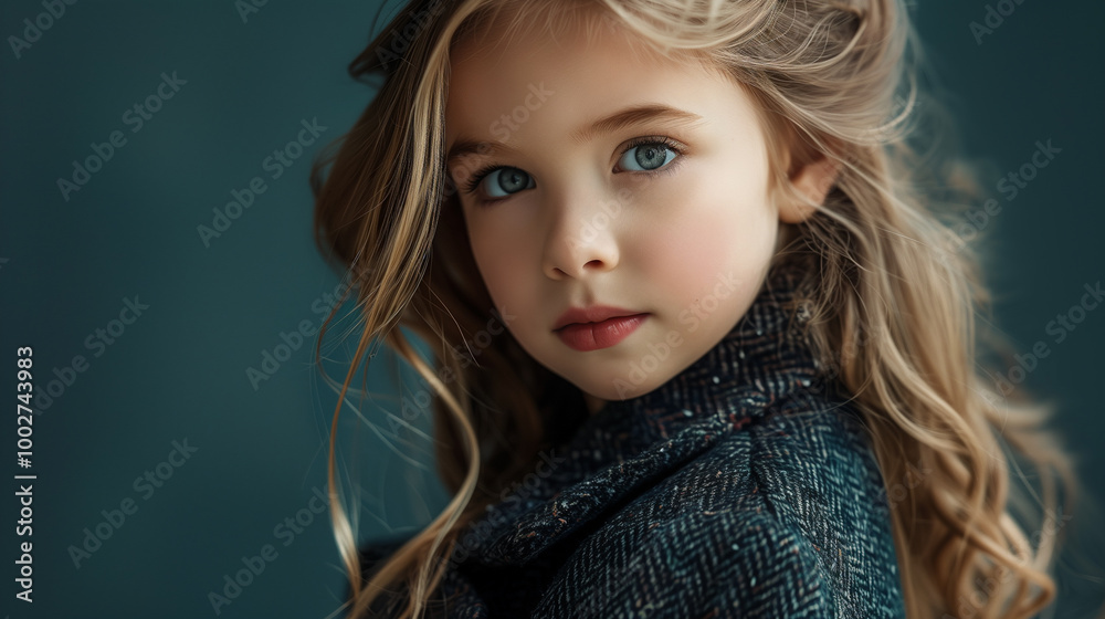 fashion portrait of a 7 year old Caucasian girl dark blue fashion portrait of a 7 year old Caucasian girl dark blue