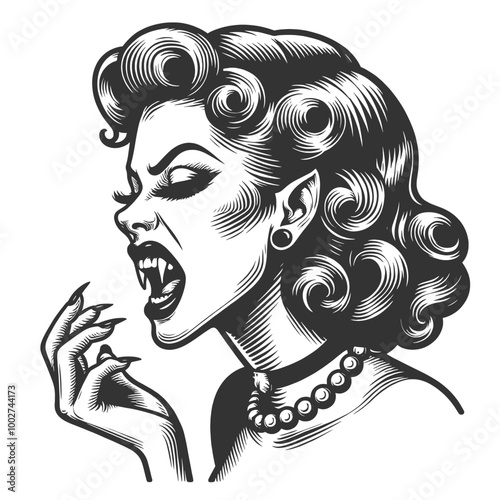 vampire woman screaming, sharp fangs, vintage curls, and a retro 1950s style sketch engraving generative ai fictional character vector illustration. Scratch board imitation. Black and white image.