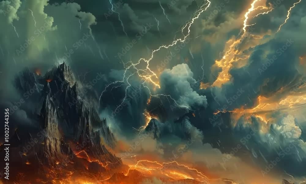 Mountain with a volcano on top. The volcano is spewing lava. The sky is dark and stormy. hyperrealistic Video