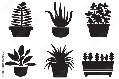 Stylish Black Potted Plants Vector Silhouette Collection