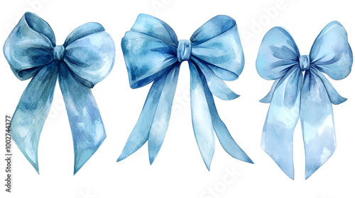 set of Trendy Blue Coquette ribbon bow Watercolor hand painting soft pastel.