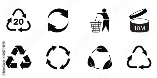 recycle symbols for packaging products icon set. Trash icons. Reuse cycle. Universal recycling and packing signs. Vector eco icons.