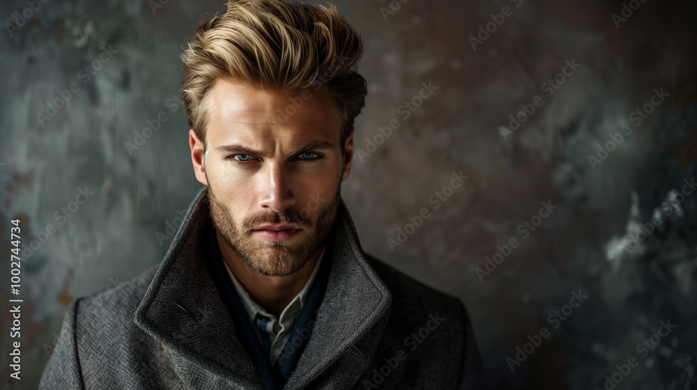 fashion portrait of a not shaved Caucasian man with a beard in a gray coat on an abstract textured background