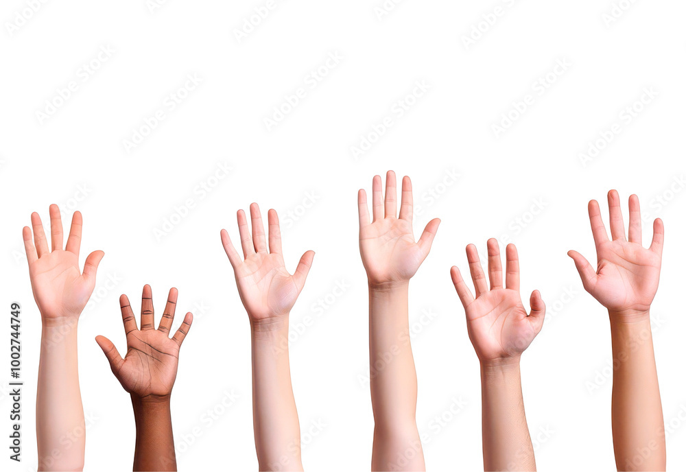 Diverse group of hands raised high, symbolizing unity isolate on transparent background, png, cutout Diverse group of hands raised high, symbolizing unity isolate on transparent background, png, cutout