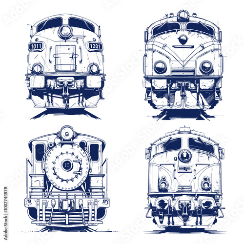 Trains sketches set. Locomotive train front view, railway transport vehicle puffer loco design element transportation industry railroad technology vintage sketch pen drawing vector illustration