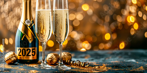 Champagne Bottle and glass on bokeh Background photo