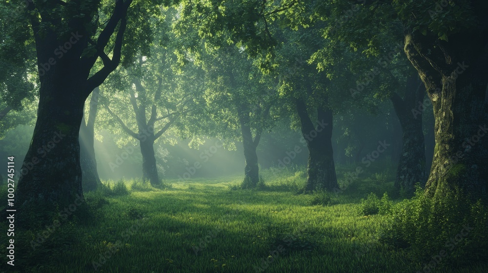 A misty forest at dawn, with diffused light gently illuminating the scene A misty forest at dawn, with diffused light gently illuminating the scene