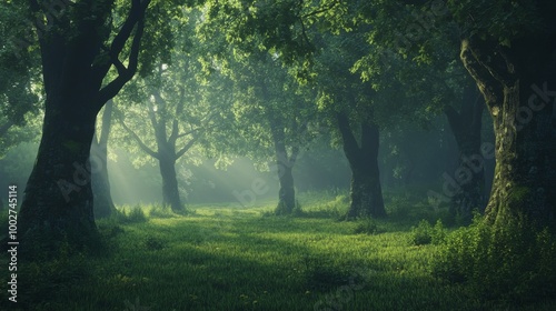 A misty forest at dawn, with diffused light gently illuminating the scene