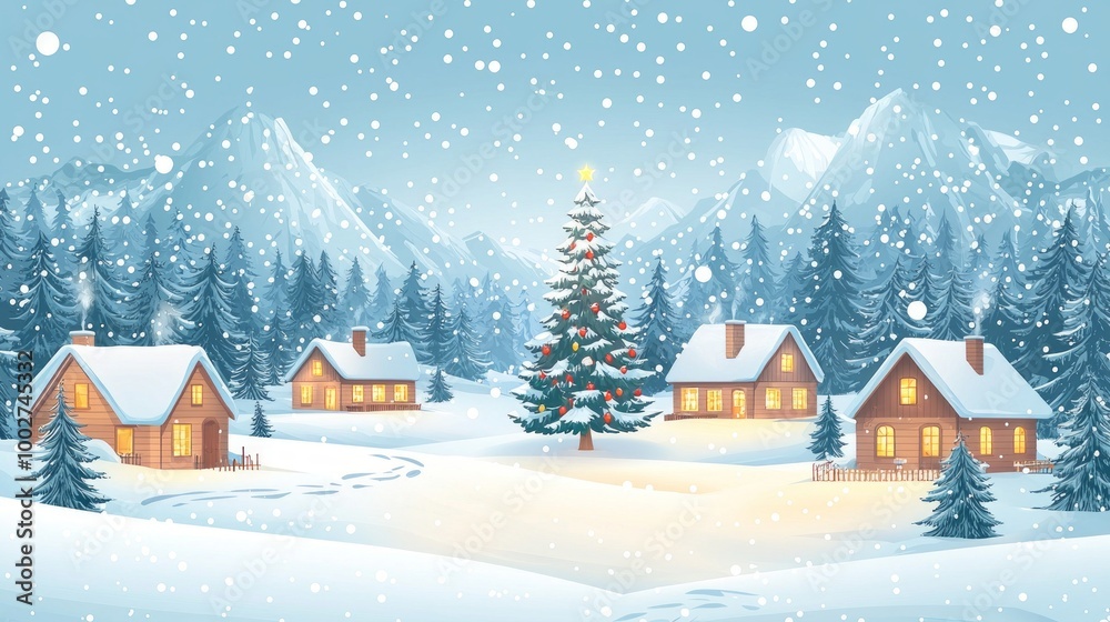Snowy village scene with decorated Christmas trees and cozy cabins Snowy village scene with decorated Christmas trees and cozy cabins