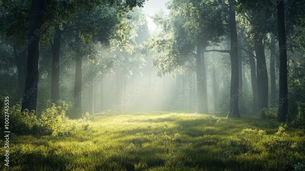 A misty morning in a dense forest, with soft sunlight barely breaking through A misty morning in a dense forest, with soft sunlight barely breaking through