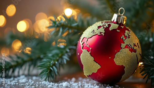 Fototapeta Naklejka Na Ścianę i Meble -  Red christmas ornament with world map celebrating christmas around the world