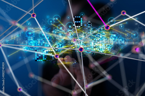 Neural network 3D illustration. Big data and cybersecurity - 3d