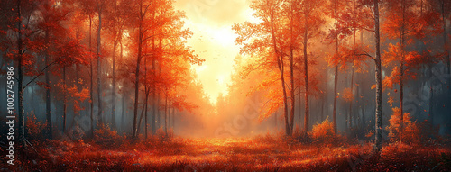 A beautiful autumn forest with vibrant red foliage, a path in the center of which there is an orange light shining through the trees 