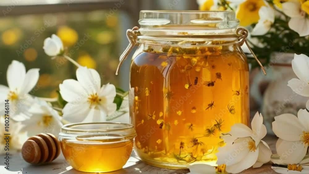 Jar of Honey Infused with White Blossoms, Delicious Honey Jar of Honey Infused with White Blossoms, Delicious Honey