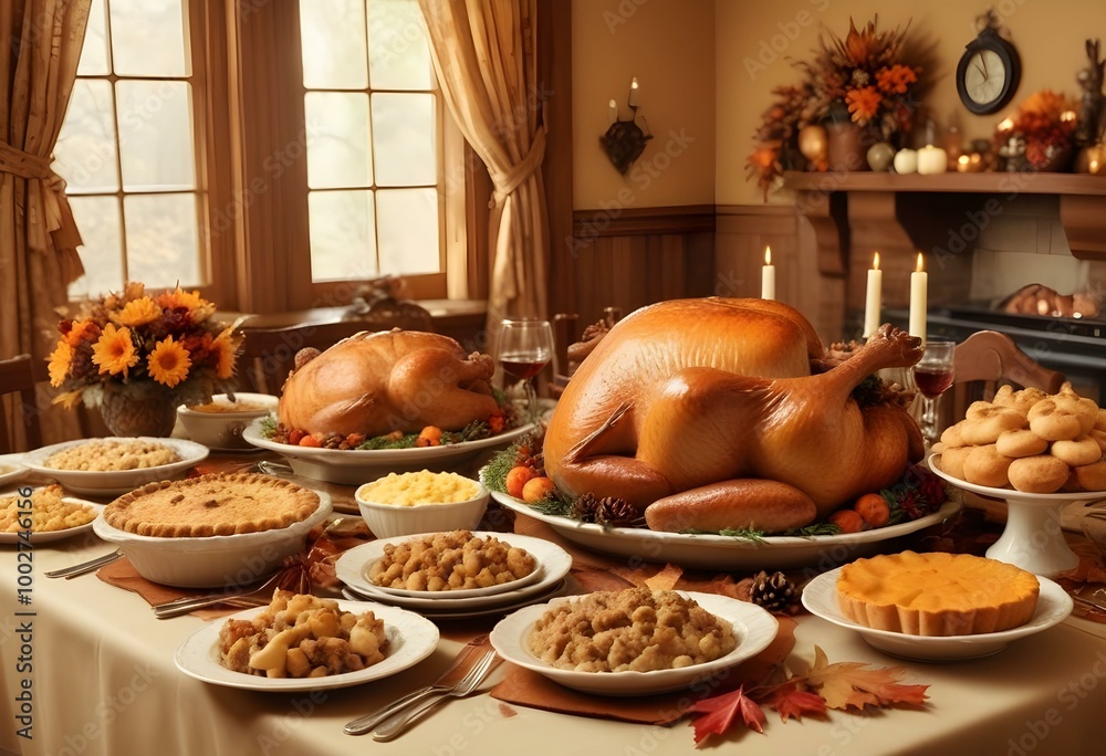 A Thanksgiving feast with a roasted turkey A Thanksgiving feast with a roasted turkey