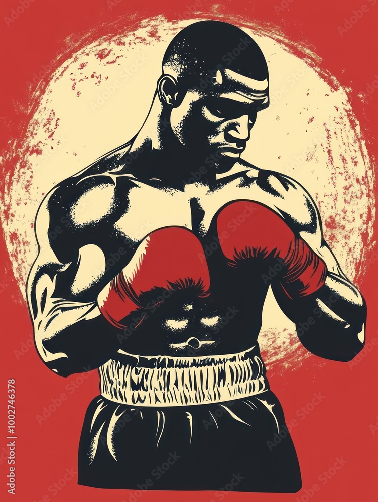 A powerful boxer stands in the ring, ready for a fight. He is wearing red gloves and a white belt. A powerful boxer stands in the ring, ready for a fight. He is wearing red gloves and a white belt.