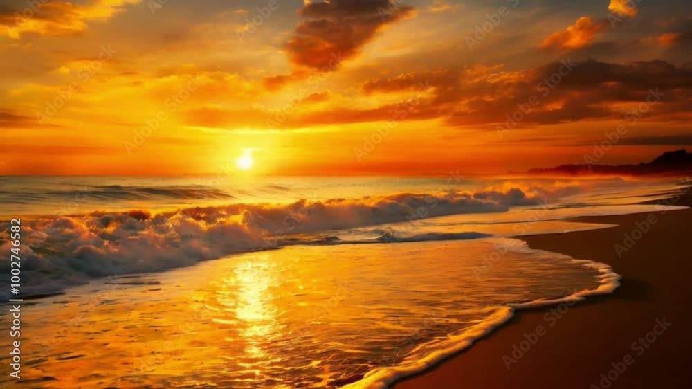 Golden morning at a beach with fiery sunrise Golden morning at a beach with fiery sunrise