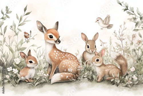 Trees with cute animals, Kids room wallpaper design. Stock photo.