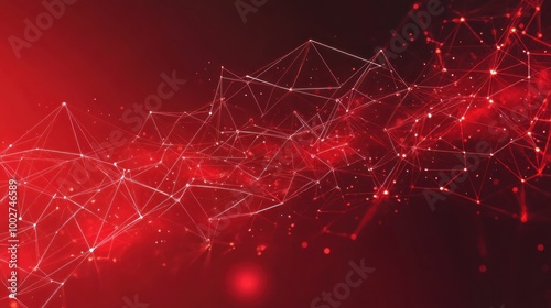 Abstract red background with glowing particles and geometric shapes.