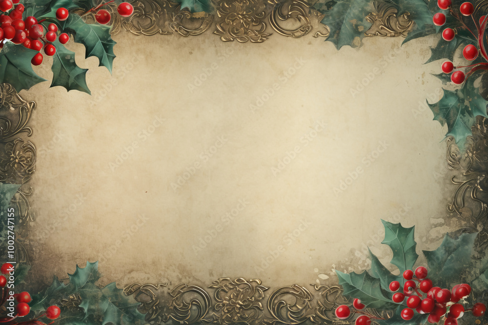 custom made wallpaper toronto digitalChristmas card with holly border and pine branch wreath, perfect for holiday celebrations ,Generated By Ai