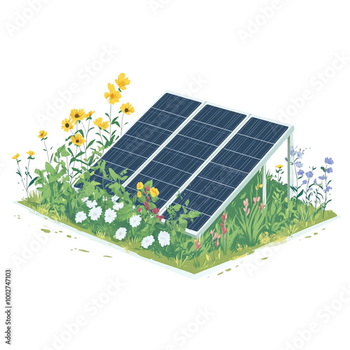 Solar panel with plants growing isolated white background stock photo PNG format.