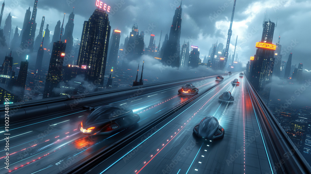 A futuristic highway in a sprawling mega-city, with sleek A futuristic highway in a sprawling mega-city, with sleek