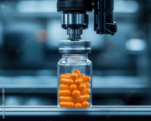 Automated machinery filling an orange capsule bottle in a modern manufacturing facility. photo