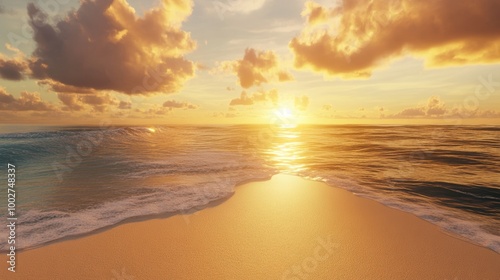 A serene beach at sunset, golden light spreading across the sand and water