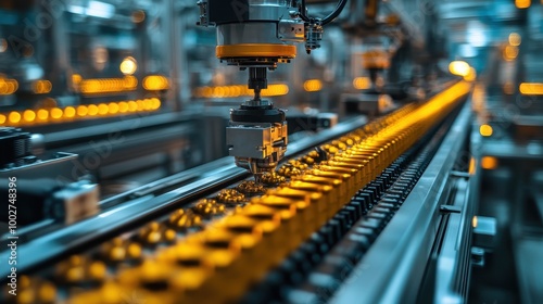 A close-up of an automated assembly line showcasing robotic arms working with yellow-lit machinery.