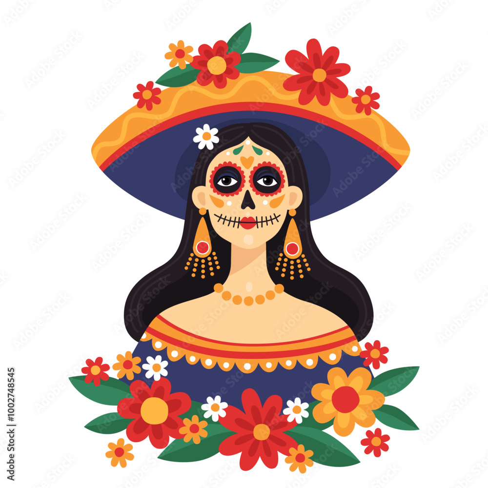 Naklejka premium Mexican Day of the dead, Dia de los muertos. Portrait of a woman wearing a sombrero and festive sugar skull makeup. Calavera style. Catarina. Vector illustration. 