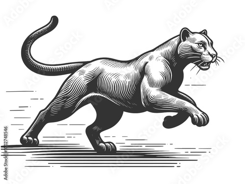 Jumping running panther, emphasizing its muscular build and agility. Tattoo design sketch engraving generative ai vector illustration. Scratch board imitation. Black and white image.