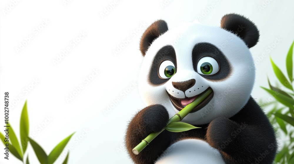 Cute Cartoon Panda Eating Bamboo with a Playful Look Cute Cartoon Panda Eating Bamboo with a Playful Look