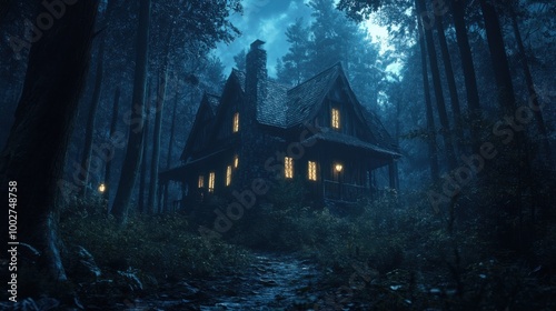 Mysterious Scary House in a Dark Forest Perfect for Spooky Themes and Halloween