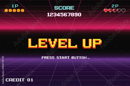 LEVEL UP. press start button. pixel art .8 bit game. retro game. for game assets in vector illustrations.	