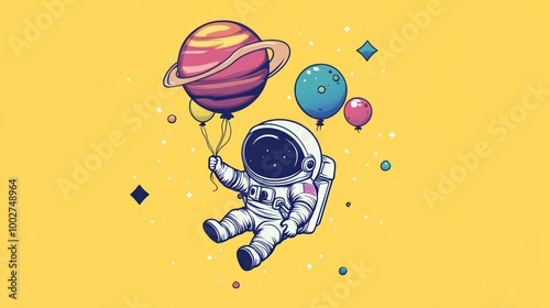 An astronaut floats in space holding a planet balloon with a yellow background.