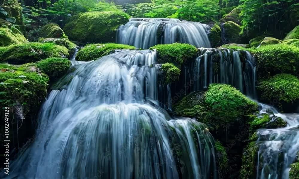 Waterfall with green moss growing on it. The water is flowing down the rocks. The water is clear and looks very refreshing. hyperrealistic Video Waterfall with green moss growing on it. The water is flowing down the rocks. The water is clear and looks very refreshing. hyperrealistic Video