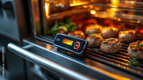 A digital meat thermometer rests on an oven, displaying temperature as deliciously grilled meat cooks inside.