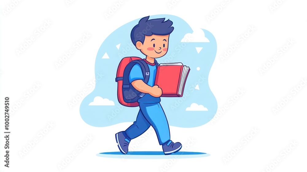 A smiling boy is walking with a backpack and a book in his hands. A smiling boy is walking with a backpack and a book in his hands.
