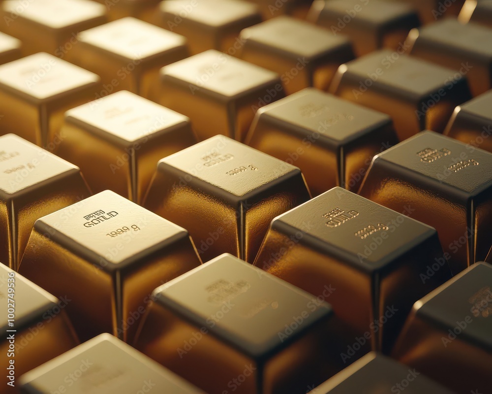Close-up of gold bars stacked meticulously, symbolizing wealth and investment. Close-up of gold bars stacked meticulously, symbolizing wealth and investment.