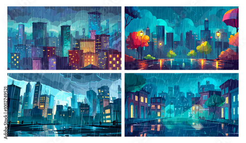 Urban rainy weather. Rain in night city evening street cartoon background, wet climate falling raindrops on buildings autumn or summer precipitation sidewalk vector illustration